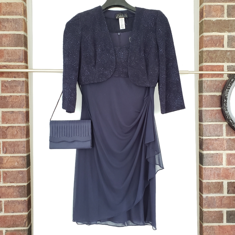 3 Pc Alex Evenings Navy Blue Formal Dress & Bolero